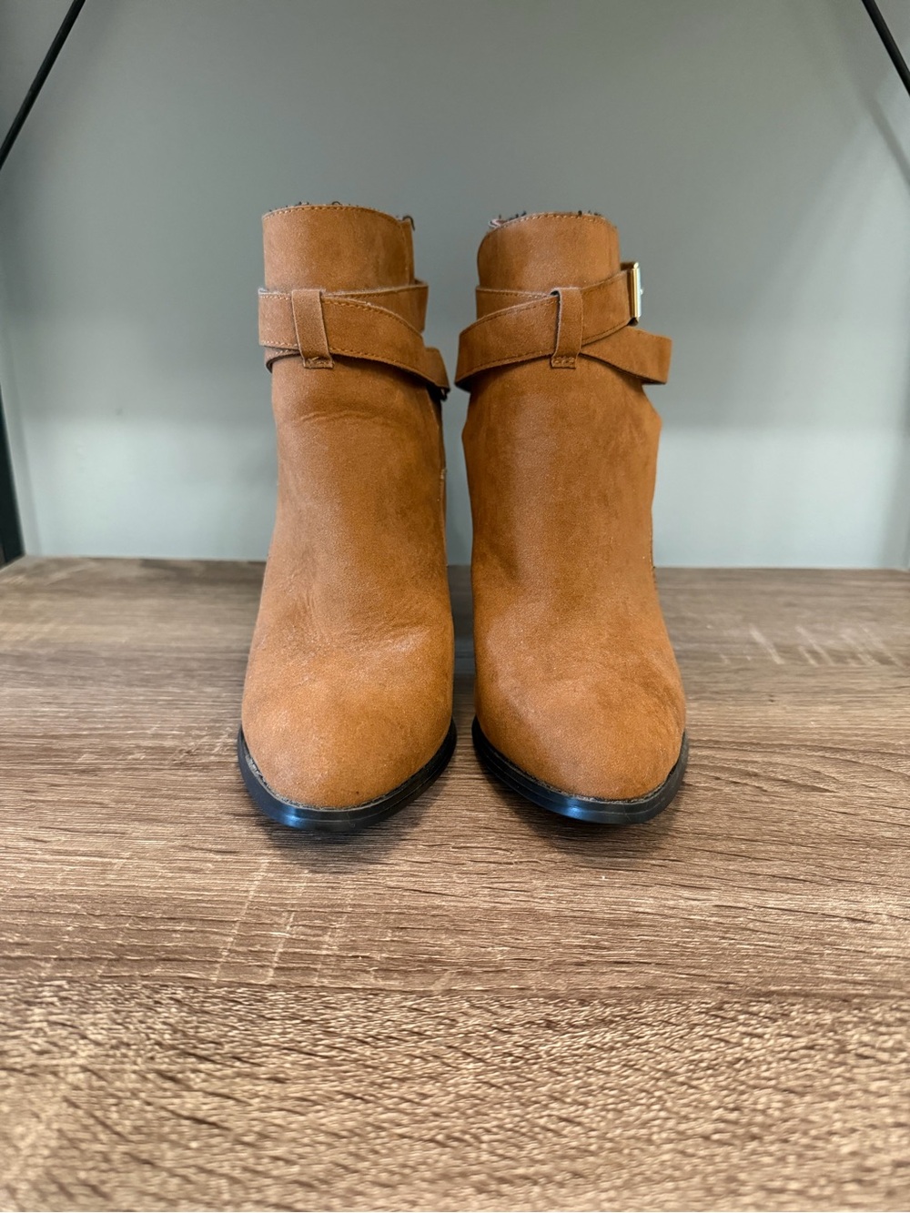 JustFab Cognac Suede Ankle Booties with Wrap Strap